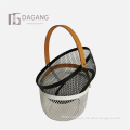 Metal Wire Mesh Fruit Basket with Wooden Handle for Countertop